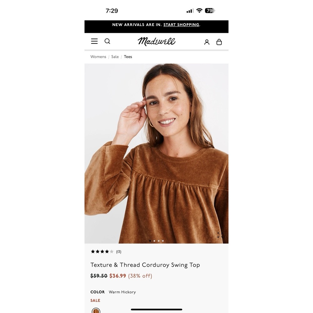 Madewell Texture & Thread Gold Brown Corduroy Swing Top Small Color Warm Hickory